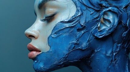 Canvas Print - A close-up of a woman's face partially covered in textured blue paint.