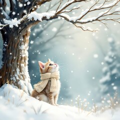 A cute kitten wearing a cozy scarf gazes up at gently falling snowflakes 