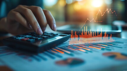 Hand using calculator while analyzing financial charts on table, showcasing data and statistics in a modern workspace.