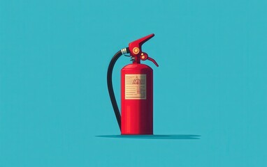 A graphic flat design of a fire extinguisher in bright red with a detailed nozzle and handle, depicted in a clean