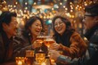 © hisilly - Mature Asian Friends Celebrate in Night Bar with Drinks and Festive Background
