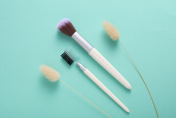 Makeup brushes with lagurus flower on mint green background. Top view. Beauty concept