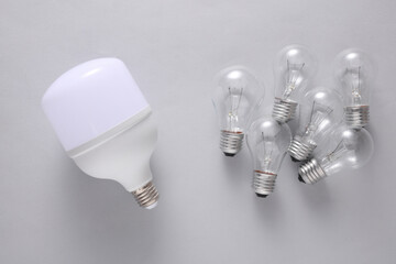 LED and ncandescent light bulbs on gray background. Energy saving