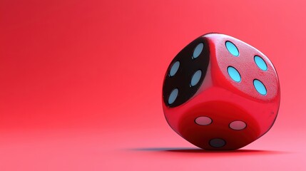 A vibrant red dice displaying blue and black dots, set against a smooth, bright red background.