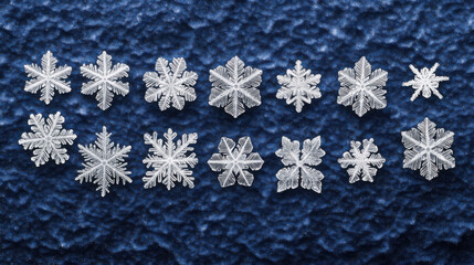 Intricate snowflakes on dark textured background displaying unique winter designs