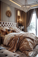 Wall Mural -  luxurious bedroom with beige tones, an elegant tufted headboard, plush bedding, a crystal chandelier, and opulent decor elements.