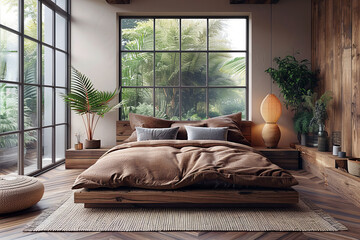 Wall Mural - Cozy bedroom with earthy brown tones, wooden furnishings, large windows overlooking lush greenery, and modern decor with plants and soft lighting.