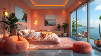 Wall Mural - Modern bedroom with peach-colored decor, plush furniture, large windows overlooking a seaside view, and vibrant indoor plants enhancing the serene ambiance.