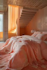 Wall Mural - Minimalist bedroom with soft peach bedding, textured fabrics, and a floating staircase, illuminated by natural light filtering through sheer curtains.