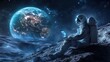 © 69 - Astronaut sitting on the surface of the moon, working on a laptop with Earth in the background, a futuristic image of space exploration