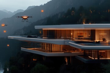 Perched on a misty hillside, this ultra-modern house is decked out for Halloween with hovering drones and warm interior lighting, exuding a unique, eerie charm.