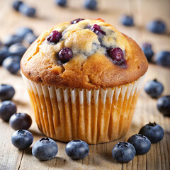 a muffin sits on a wooden table with blueberries and blueberries.