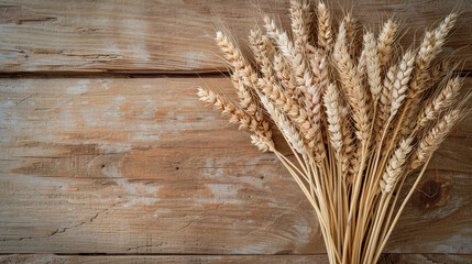 Bunch of wheat is on a wooden table. The wheat is dry and brown. The table is made of wood