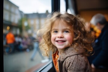 Portrait of cute little girl with curly hair looking out the window