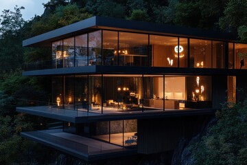 A contemporary house with expansive glass walls, set against a forested hillside, showcasing bright glowing Halloween decorations that illuminate the interior.