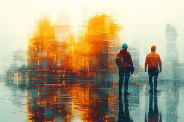 Two workers observing a futuristic construction site with vibrant colors and reflections.