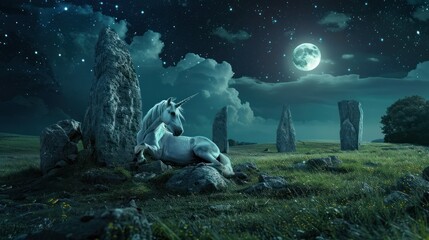 Poster - Unicorn in a Magical Moonlight Landscape