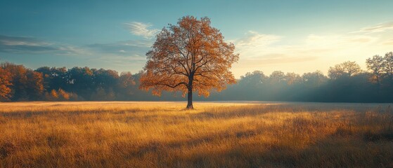 Tranquil Sunset Over Open Field, Expansive landscape with scattered trees, warm hues of dusk creating elongated shadows, serene and peaceful ambiance