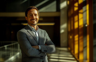 A smiling tech company CEO in a grey suit with arms crossed, standing inside a modern office building.