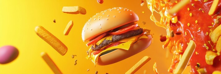 Poster - Stylized abstractions of popular fast food items like burgers, fries, and pizza create a vibrant display on a bright backdrop. Generative AI