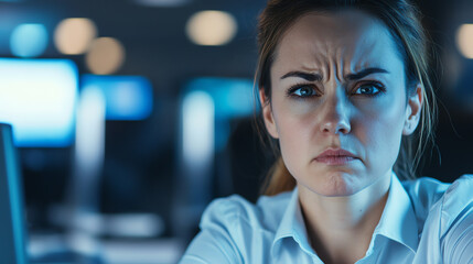 Concerned woman at work, focused on computer screen.