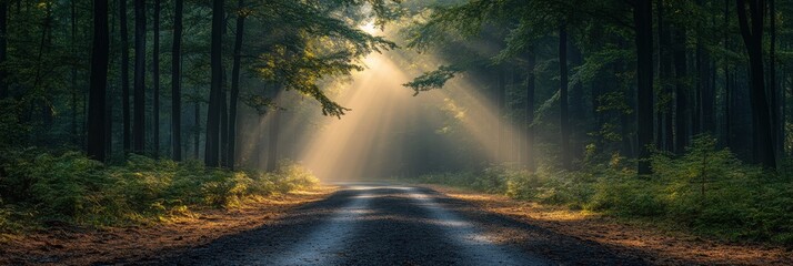 Serene Forest Path, an empty road meandering through a lush forest, sunlight gently cascading through vibrant green foliage