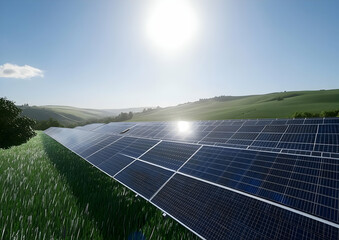 Renewable Energy - A solar panel array in a green landscape under a bright sun, promoting renewable energy.