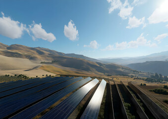 Renewable Energy - A scenic view of solar panels on rolling hills under a clear blue sky.