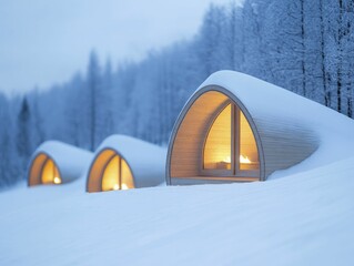 Poster - Romantic winter travel destination with eco-friendly cabins, snowy forest backdrop, warm fire-lit interiors