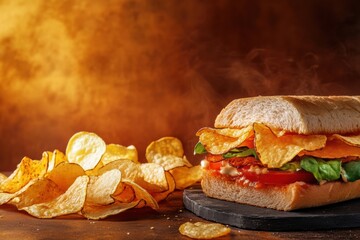 Aufkleber - A fresh sandwich filled with layers of lettuce and tomato, accompanied by golden, crispy potato chips for a satisfying snack. Generative AI