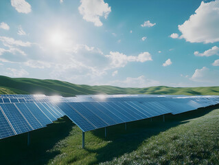 Renewable Energy - A solar panel array on green hills under a bright sky, harnessing renewable energy.