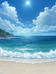 a serene beach scene with white sand, clear blue water, and a bright sun shining in a blue sky with 