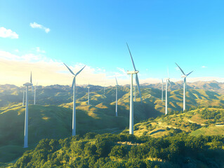 Renewable Energy - A serene landscape featuring wind turbines on rolling hills under a clear blue sky.