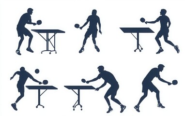 A vector illustration of silhouettes of table tennis players in action, showcasing different dynamic poses such as forehand and backhand shots, isolated on a clean white background