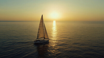 Wall Mural - A sailboat gliding smoothly on calm waters during sunset.