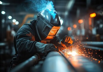 Industrial Welder at Work in a Metal Fabrication Workshop