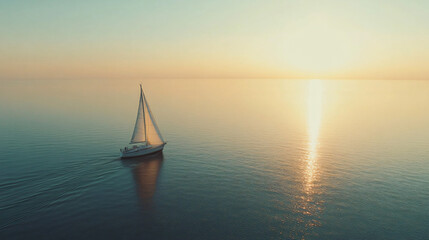 Wall Mural - A sailboat gliding smoothly on calm waters during sunset.