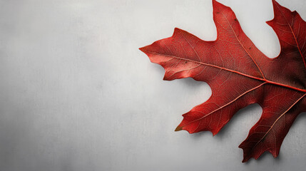 Vibrant red autumn leaf on subtle gray background