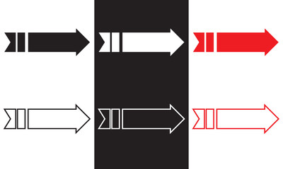 Wall Mural - red, black and white large forward or pointing solid long arrow icon sketched as vector symbol . vec