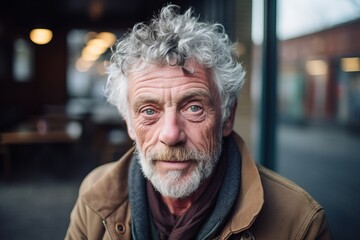 Portrait of senior man with grey hair and beard in the city.