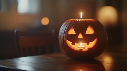 Wall Mural - A glowing jack-o'-lantern sits on a wooden table, casting a warm light on the surrounding area.