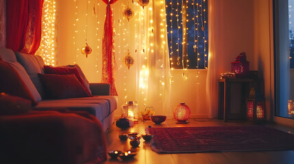 Poster - Living room setup with Diwali decorations, including string lights and hanging lanterns