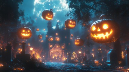 Wall Mural - A spooky Halloween scene with glowing jack-o'-lanterns in a graveyard. The pumpkins are carved with scary faces and are lit up from the inside.