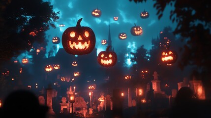 Wall Mural - Spooky Halloween pumpkins glow in the dark, casting an eerie light over a graveyard. The scene is perfect for a Halloween card or poster.