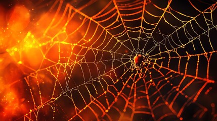 A spider web illuminated by warm, glowing light, creating a mesmerizing and intricate pattern.