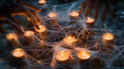 Wall Mural - A mystical and atmospheric scene with glowing candles set in a spiderweb, creating a sense of enchantment and mystery.