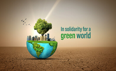 In Solidarity for a Green World. Climate change conference slogan concept background.