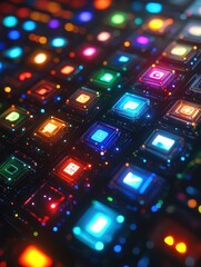  Neon-glowing digital icons arranged in a futuristic grid, highlighting technological innovation, communication, and digital interfaces in modern design.