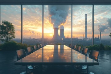 View of cooling towers with steam against a colorful sunset from a modern conference room