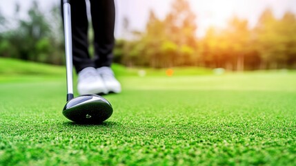 A golfer ready to take the first shot of the round on the tee box, with a driver in hand, focused and prepared